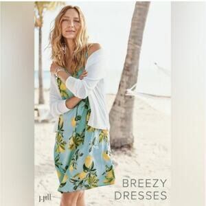 J. Jill Love Linen Lemon Print Linen Aline Dress XS Blue Green Sleeveless Pocket